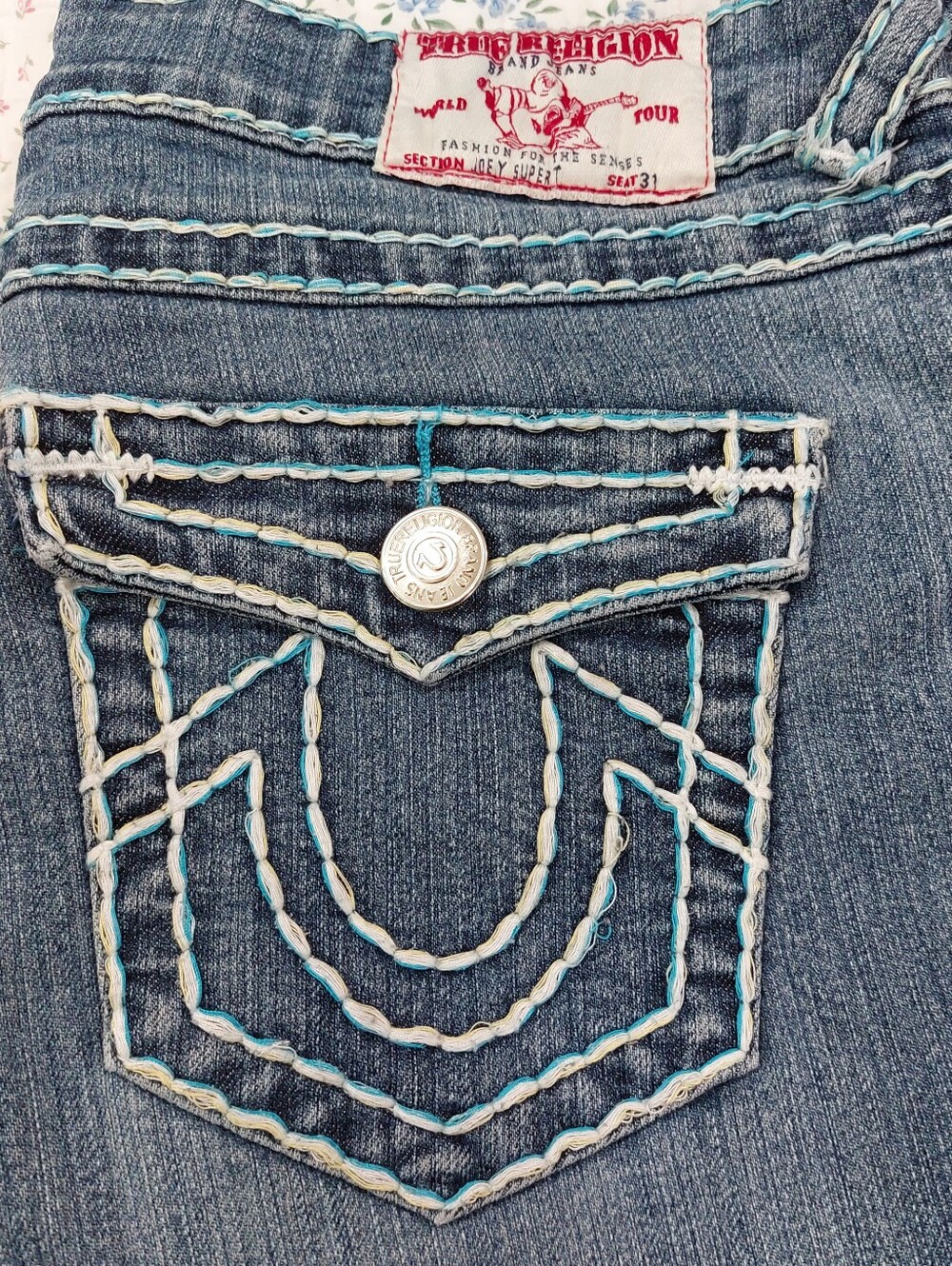 True Religion Joey Super T Women’s Jeans 31 Y2K Low Rise Flare Turquoise Stitch